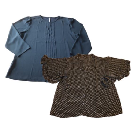 Ann Taylor Factory Tops - Ann Taylor Factory Blouse Sz L 2PK Black Solid & Polka Dot Flutter Sleeves EUC